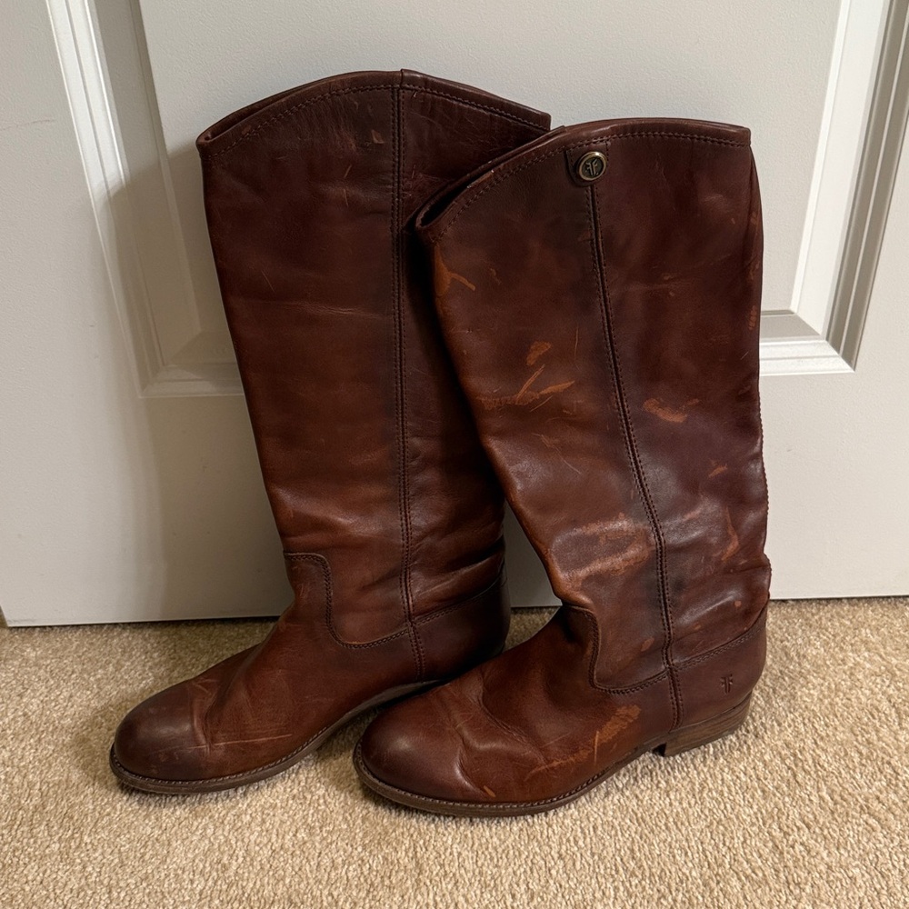 Frye Brown Leather Mid-Calf Heeled Boots